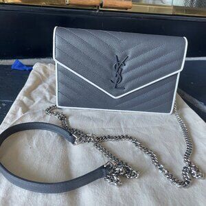 Authentic YSL Grain De Poudre Matelasse Chevron Monogram Envelope WOC